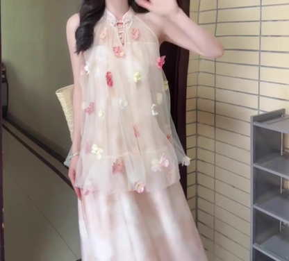 Pink buttoned mesh halter neck dress gentle temperament loose A-line long skirt R0751