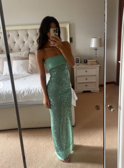Sparkly Strapless Green Sequin Mermaid Prom Dress Long Party Gown With Ribbon