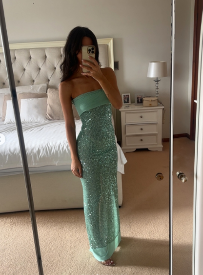 Sparkly Strapless Green Sequin Mermaid Prom Dress Long Party Gown With Ribbon