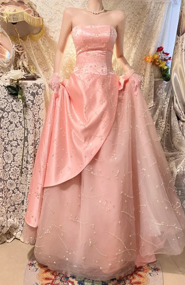 Elegant Pink Strapless Satin Tulle Beaded Long Party Dress Prom Dresses SP407