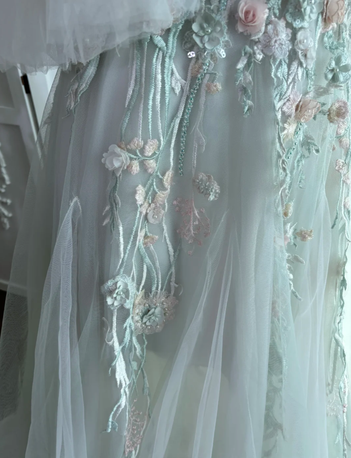 Elegant Off The Shoulder Tulle Appliques Beaded Mermaid Party Dress, Light Green Long Wedding Guest Dress SP1455