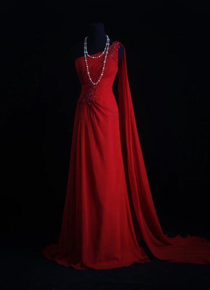 Classy Red One Chiffon Pleated Beaded Mermaid Long Evening Dress Formal Wedding Guest Dress D2212