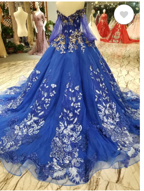 Off-the-Shoulder Long Sleeves Ball Gown Tulle Applique Court Train Prom Dress C1927