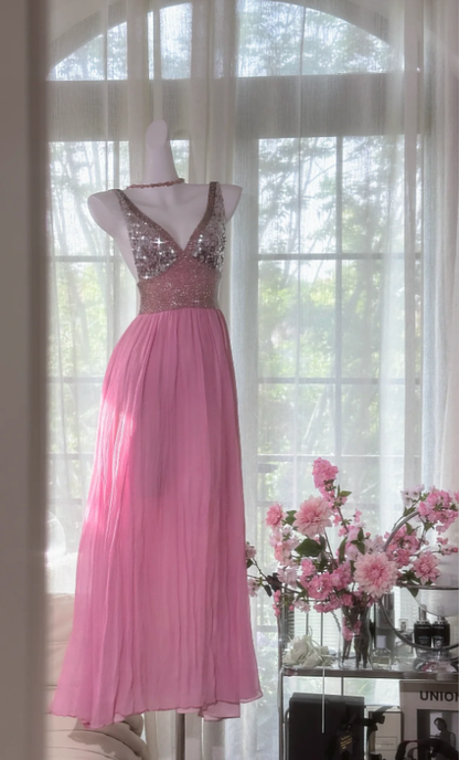 Classy Pink V Neck Chiffon Sequin A Line Long Party Dress Backless Birthday Prom Gown