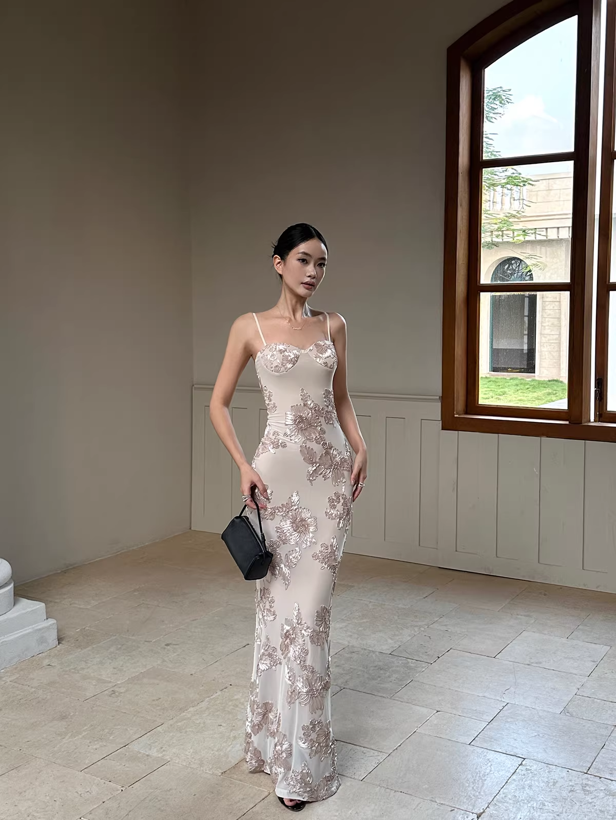 Unique Champagne Satin Floral Mermaid Evening Dress Spaghetti Straps Long Party Gown