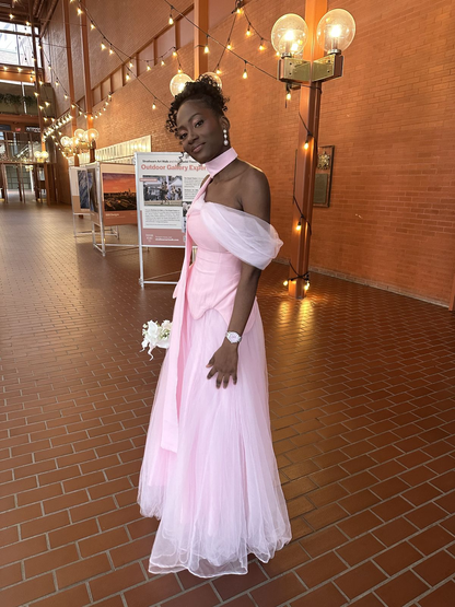 Sweet Off The Shoulder Pink Tulle Satin A Line Long Wedding Guest Dress Formal Bridesmaid Dress D1963