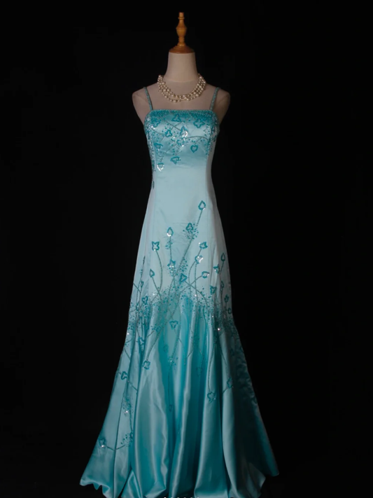 Gorgeous Blue Spaghetti Straps Satin Beaded Mermaid Long Birthday Prom Dress Party Dress D2275