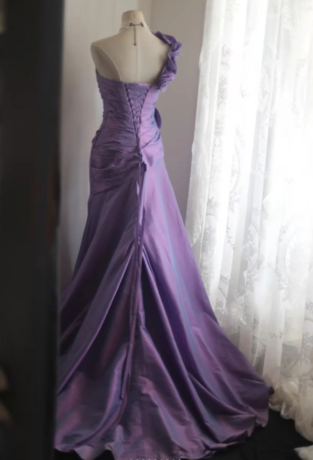 Elegant Purple One Shoulder Satin Floral Mermaid Long Party Dress Formal Wedding Guest Dress D2312