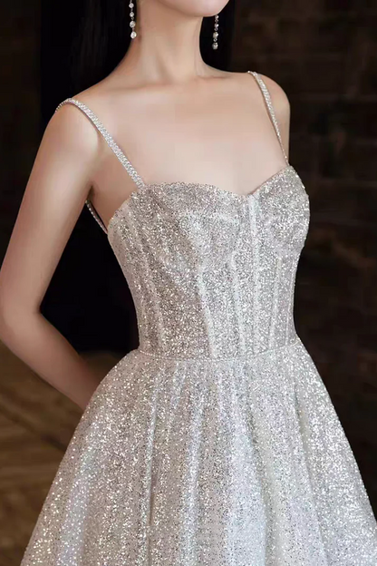 Glitter Spaghetti Straps Tulle Silver Sequin A Line Birthday Party Dress Long Evening Dress Prom Gown