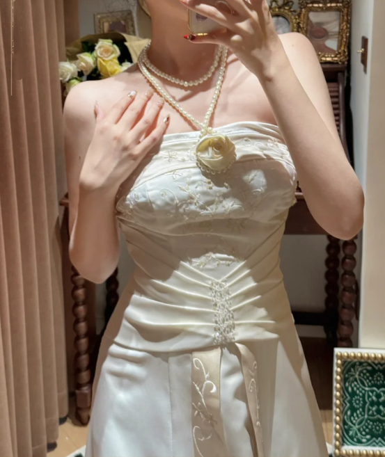 Fashion Strapless Satin Embroidery Beaded Mermaid Party Dress Evening Gown Ivory Long Wedding Guest Dress