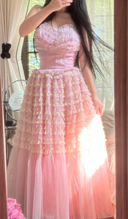 Sweet Strapless Pink Tulle Pleated A Line Long Party Dress Princess Birthday Prom Gowns