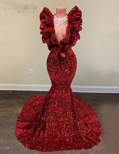 Mermaid Red Sequins Long Prom Dress Charming Evening Dress Y536