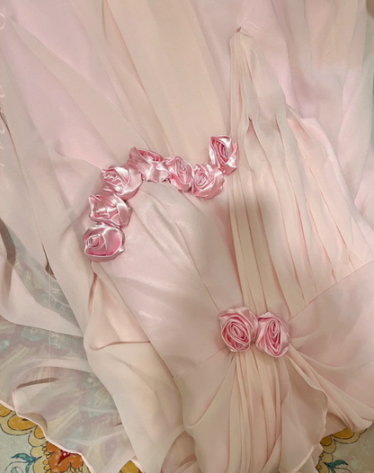 Pretty Pink Chiffon Pleated One Shoulder Mermaid Long Party Dress Evening Gown With Flowers
