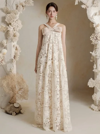 Off-white cross-over halter neckline lace straight maxi dress for homecoming R4835