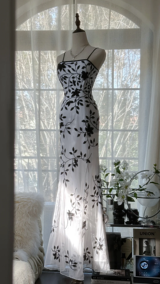 White Spaghetti Straps Mermaid Beaded Vintage Long Evening Party Dresses, D1073