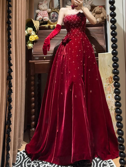 Pretty Burgundy Strapless Velvet Beaded Long Birthday Party Dress Evening Dress D2040