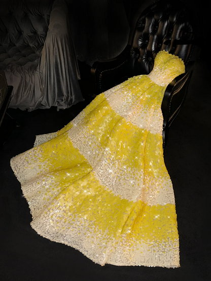 Yellow sequined strapless long ball gown with a fitted waist and full skirt R8734