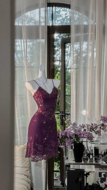 Purple halter-neck embroidered waist-cinching sexy short ball gown R7642