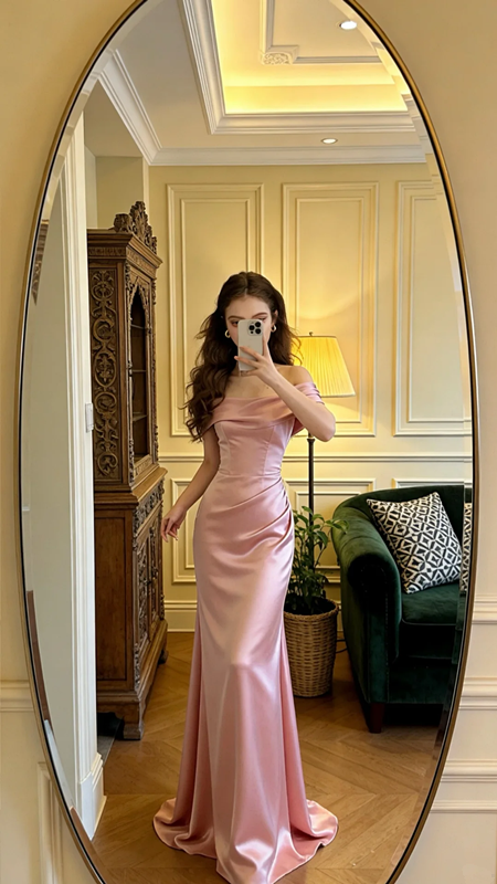 Light pink off-the-shoulder fitted long sexy ball gown, bridal dress R8611