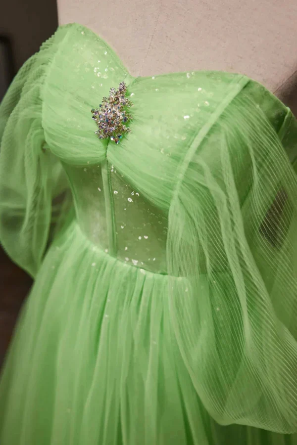 Off Shoulder A Line Tulle Long Prom Dress, Green Formal Gown With Sequins MD7224