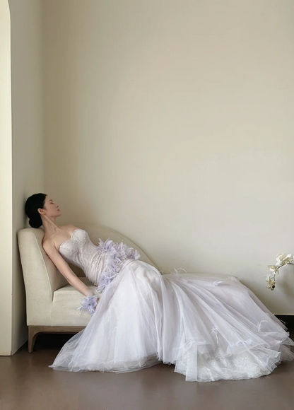 Light purple strapless, waist‑cinching, slim‑fit, bodycon sexy long ball gown, bridal dress R7993