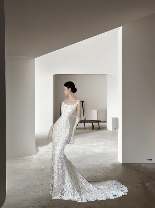 White halter-neck lace fitted waist sexy long ball gown/wedding dress R8020