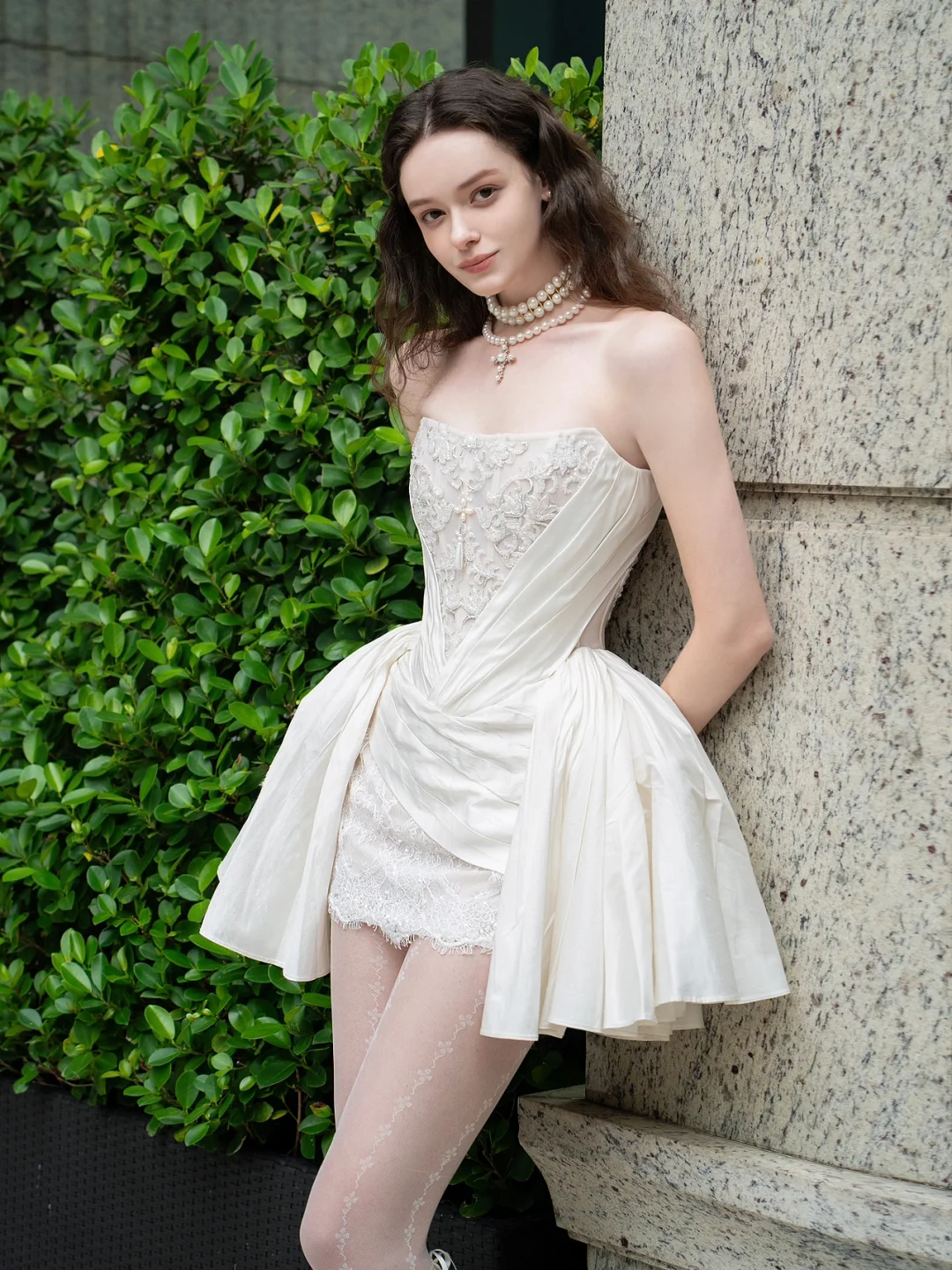 White satin tube top lace design waist waist sexy short skirt homecoming dress R4185