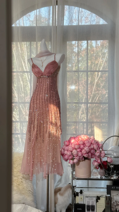 Light pink halter-neck fitted waist rhinestone long ball gown R7603