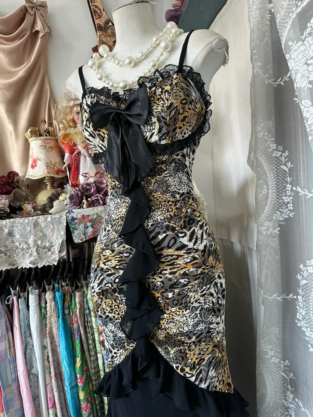 Leopard print suspenders slim waist hip fishtail sexy long skirt ball gown R6169