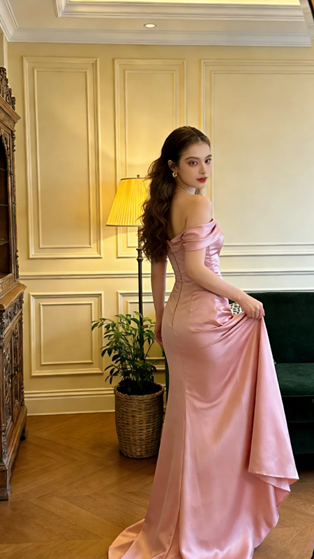 Light pink off-the-shoulder fitted long sexy ball gown, bridal dress R8611