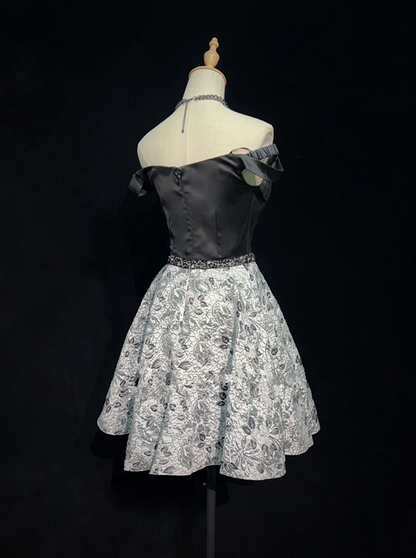 Temperament black tube top waist pattern A-line skirt short skirt homecoming dress R4997