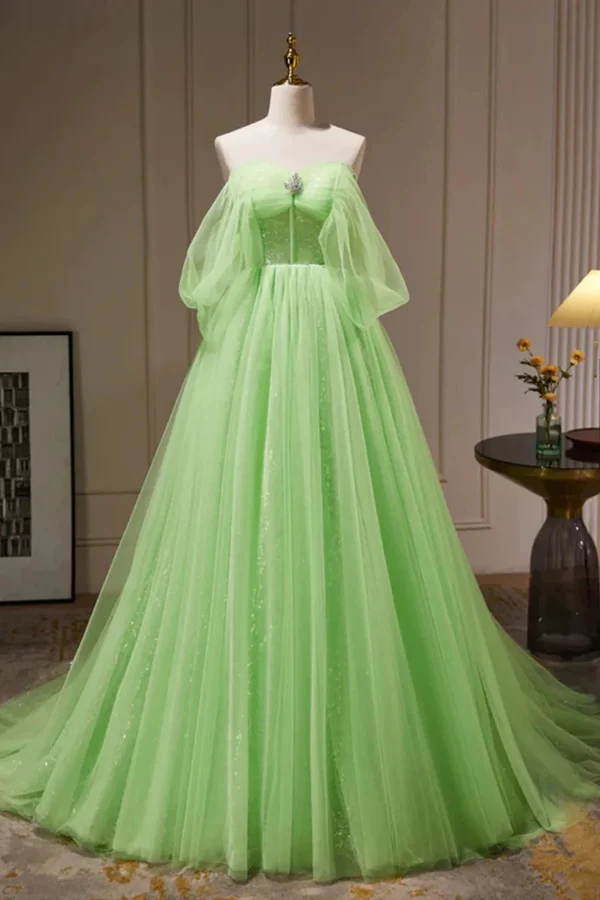 Off Shoulder A Line Tulle Long Prom Dress, Green Formal Gown With Sequins MD7224