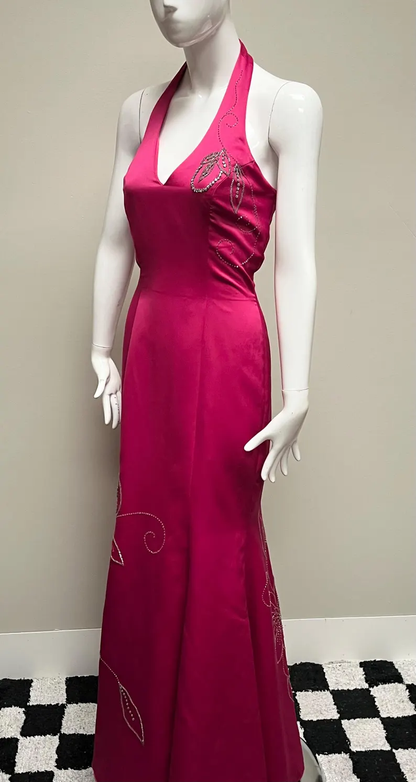 Fashion Hot Pink Halter Satin Beaded mermaid Long Evening Dress Formal Birthday Prom Dress SP1360
