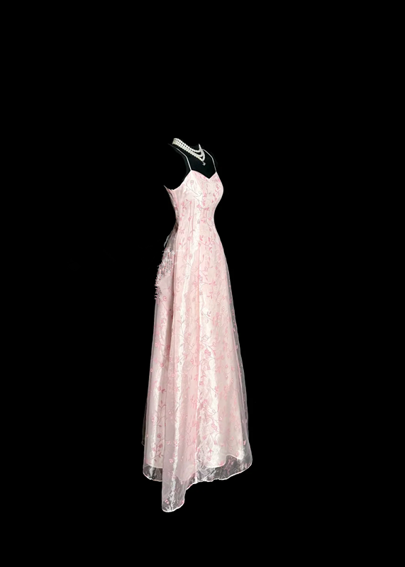 Pink floral print halter-neck fitted A-line prom dress R6608