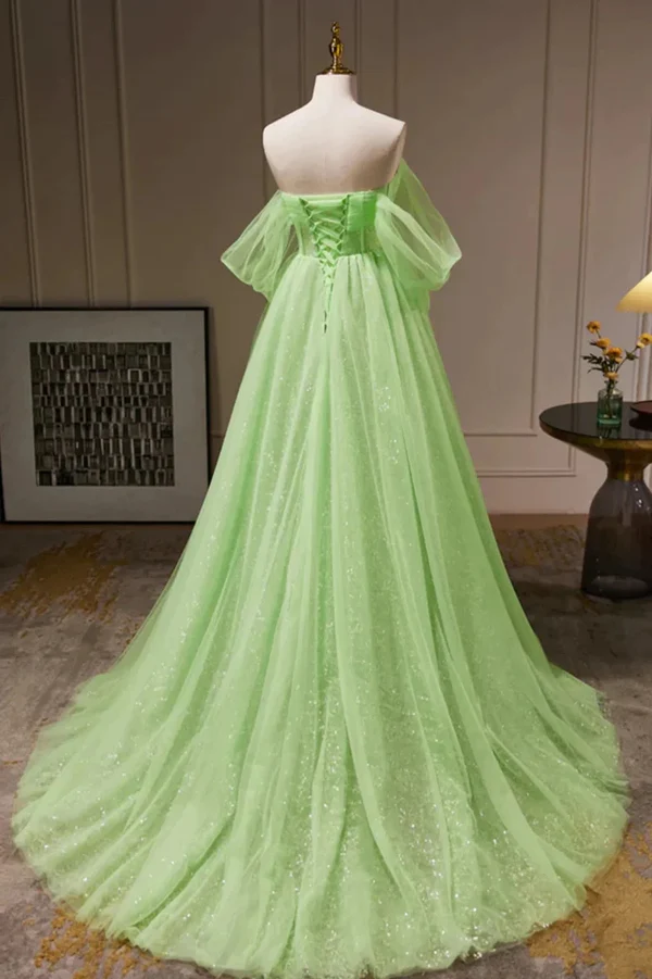 Off Shoulder A Line Tulle Long Prom Dress, Green Formal Gown With Sequins MD7224