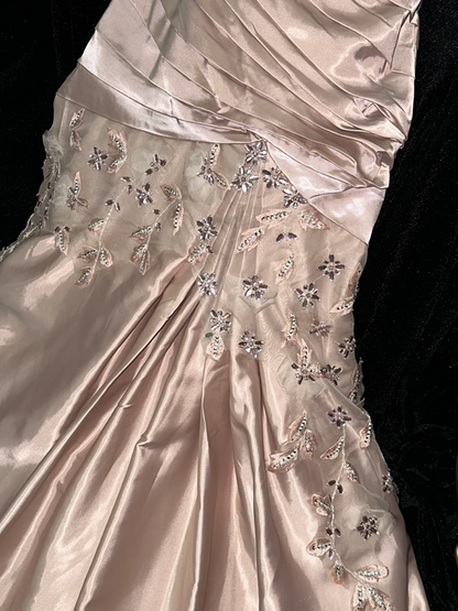 Light champagne-colored strapless, fitted, sexy long ball gown R6967