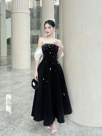 Elegant Black Off Shoulder A-Line Beading Long Party Dress Evening Gown MD7550