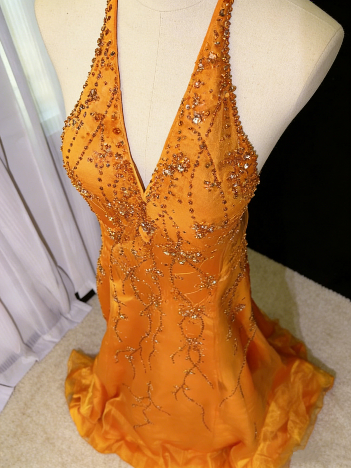 Vintage Halter V Neck Orange Tulle Beaded Mermaid Long Evening Dress Backless Birthday Dress SP2050