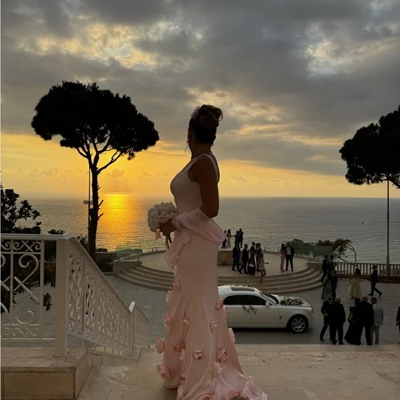 Pretty Pink Satin 3D Rose Flowers Mermaid Party Dress Long Evening Gown