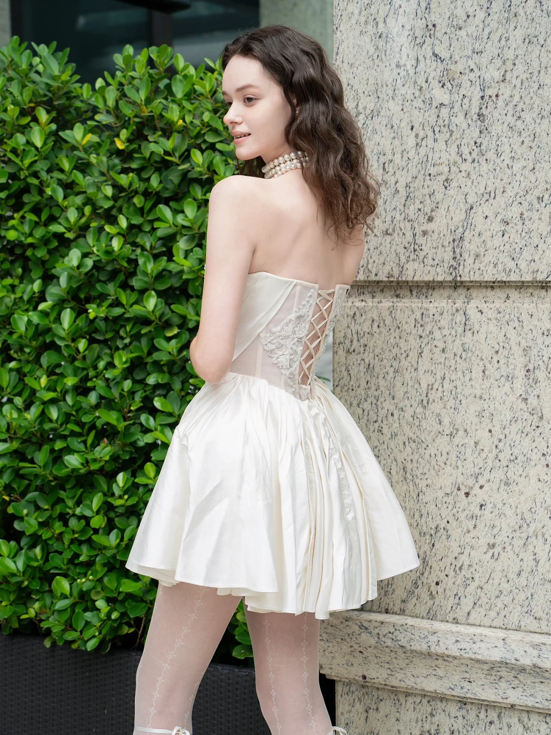 White satin tube top lace design waist waist sexy short skirt homecoming dress R4185