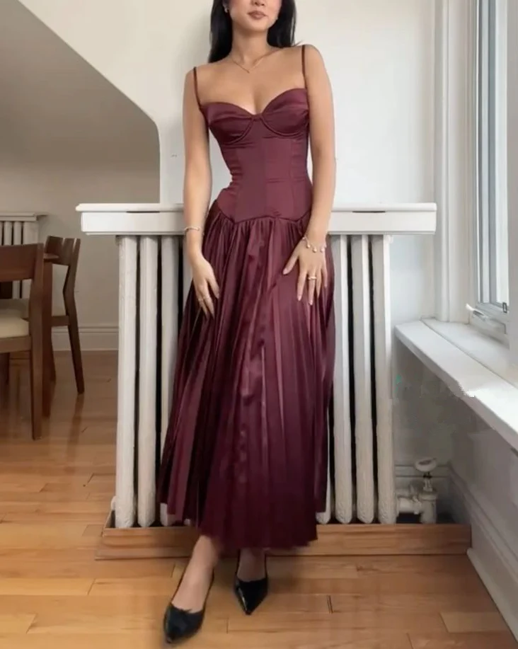 Beautiful A line Spaghetti Straps Burgundy Long Satin Party Dresses Prom Dress SD2024