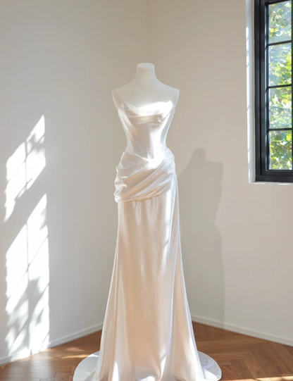 Elegant White Strapless Satin Pleated Mermaid Long Party Dress Birthday Prom Dress D2148