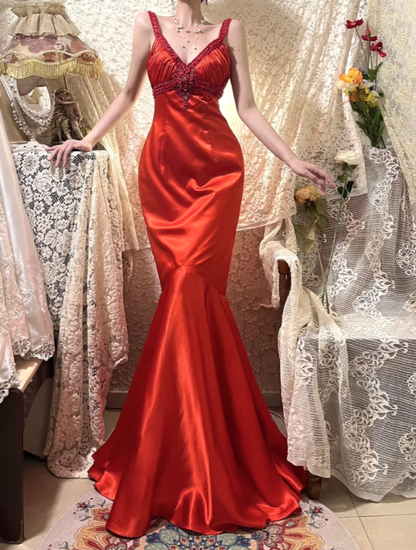 Charming Spaghetti Straps Red V Neck Satin Beaded Party Dress Long Wedding Guest Dress D2057