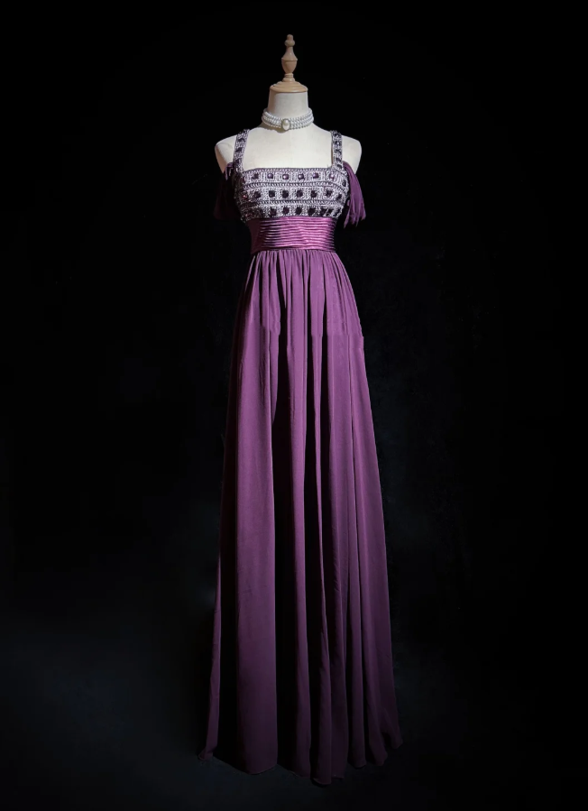 Stylish Spaghetti Straps Satin Beaded A Line Long Wedding Guest Dress Purple Long Evening Dress Party Gown