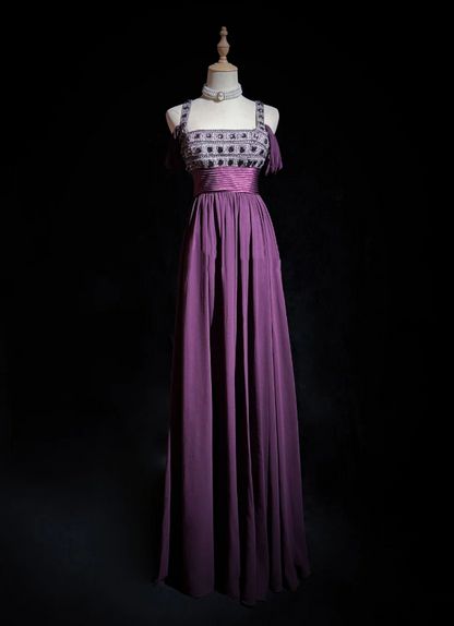 Stylish Spaghetti Straps Satin Beaded A Line Long Wedding Guest Dress Purple Long Evening Dress Party Gown