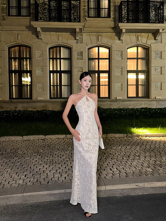 Glamorous Beige Sleeveless Lace Mermaid Slit Long Evening Dress Formal Birthday Party Gown