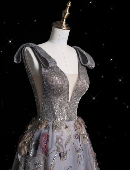 Charming V Neckline Gray Tulle Floral Ball Gown   Long Evening Gown Prom Dress Y7953