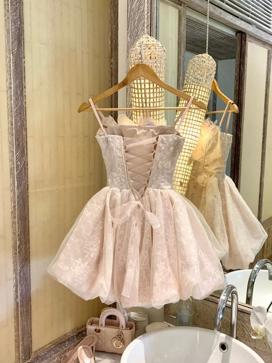 New Homecoming Dress Strapless Lace Flower Dress Back to School Outfits Party Dress  D6389