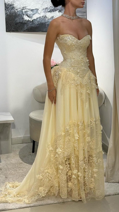 A-Line Yellow Sleeveless Sweetheart Appliqued Lace Up Formal Evening Dress fg8306