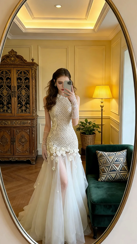 White sleeveless halter neck fitted waist long ball gown/bridal dress R8580